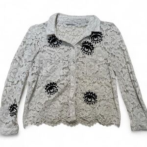 Gray Lace Button Down Shirt with Eye Design